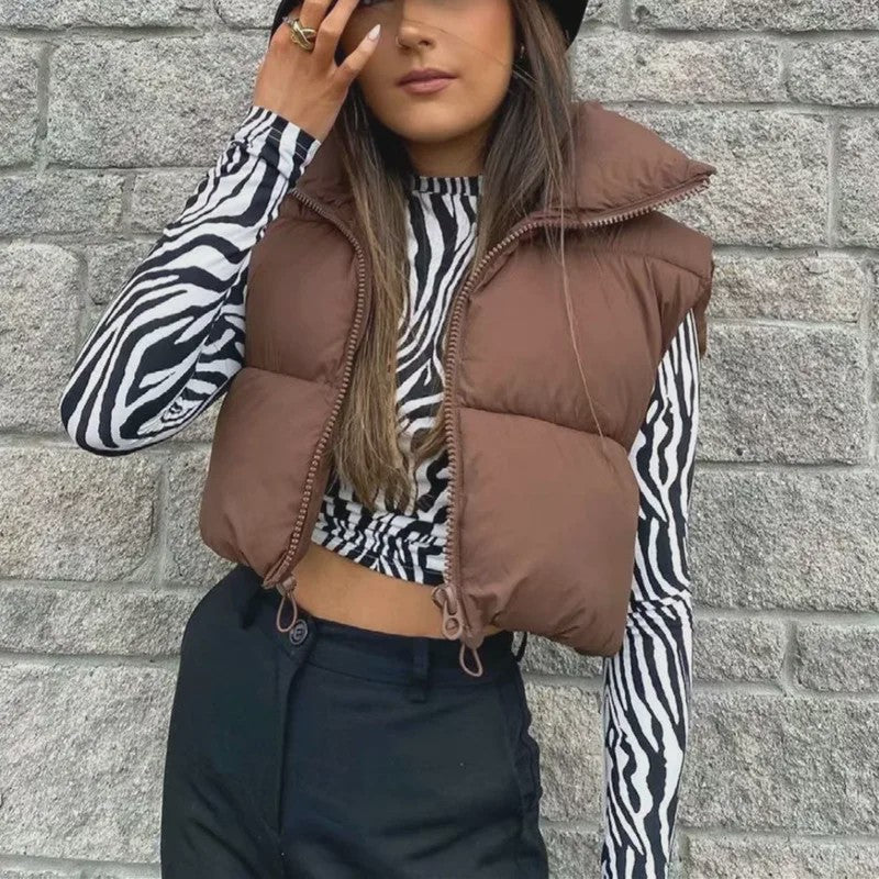 Dames Mouwloos Winter Vest - Warm & Stijlvol Gevuld Kort Jasje met Opstaande Kraag
