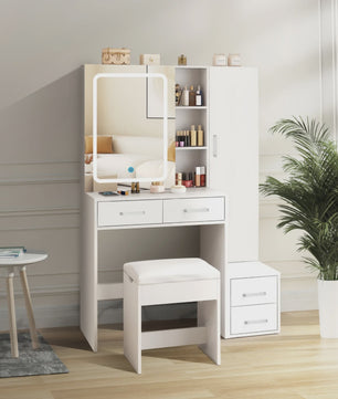 Dressing Tafel met LED Spiegel, 4 Lades en 1 Deur - Wit, Elegant & Modern