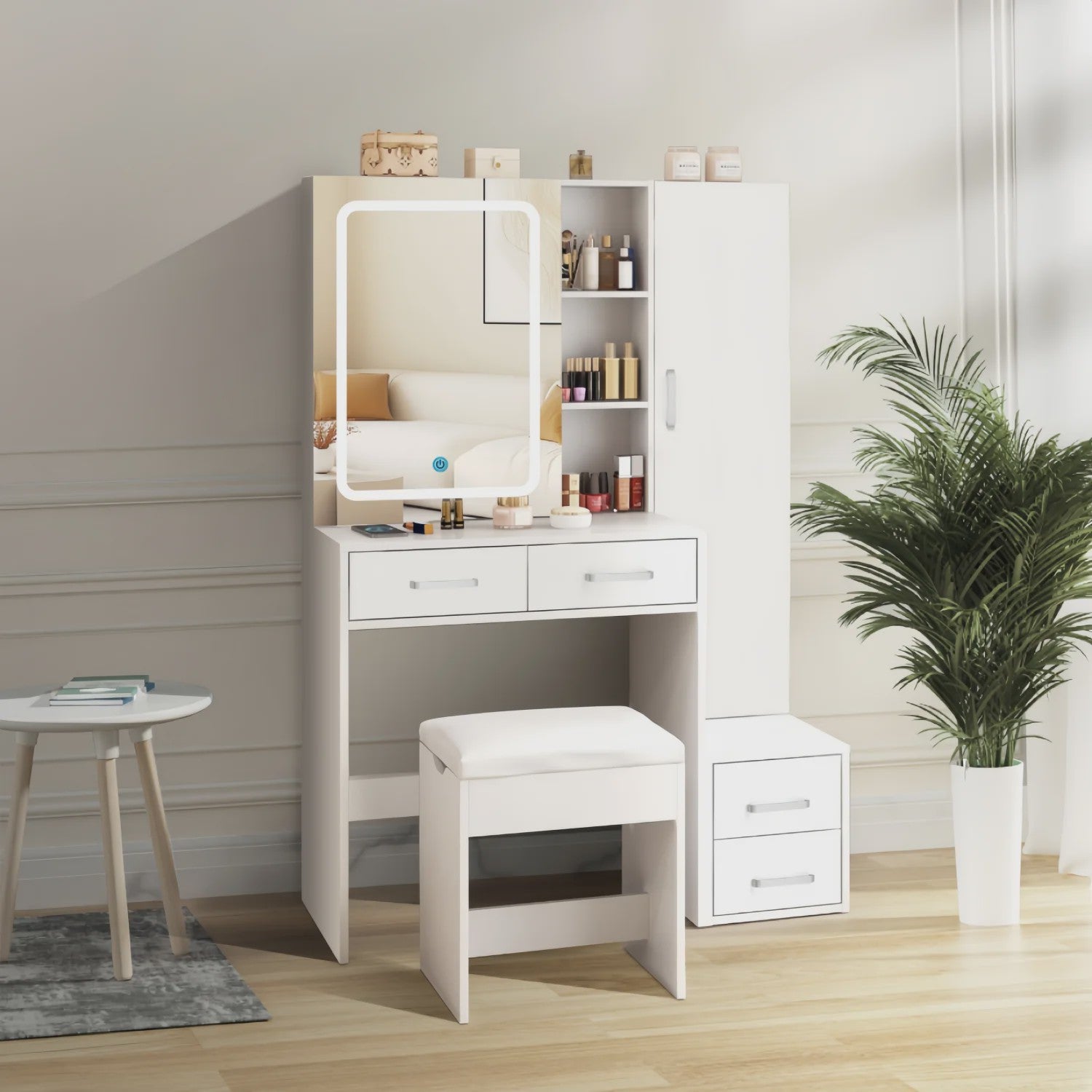 Dressing Tafel met LED Spiegel, 4 Lades en 1 Deur - Wit, Elegant & Modern