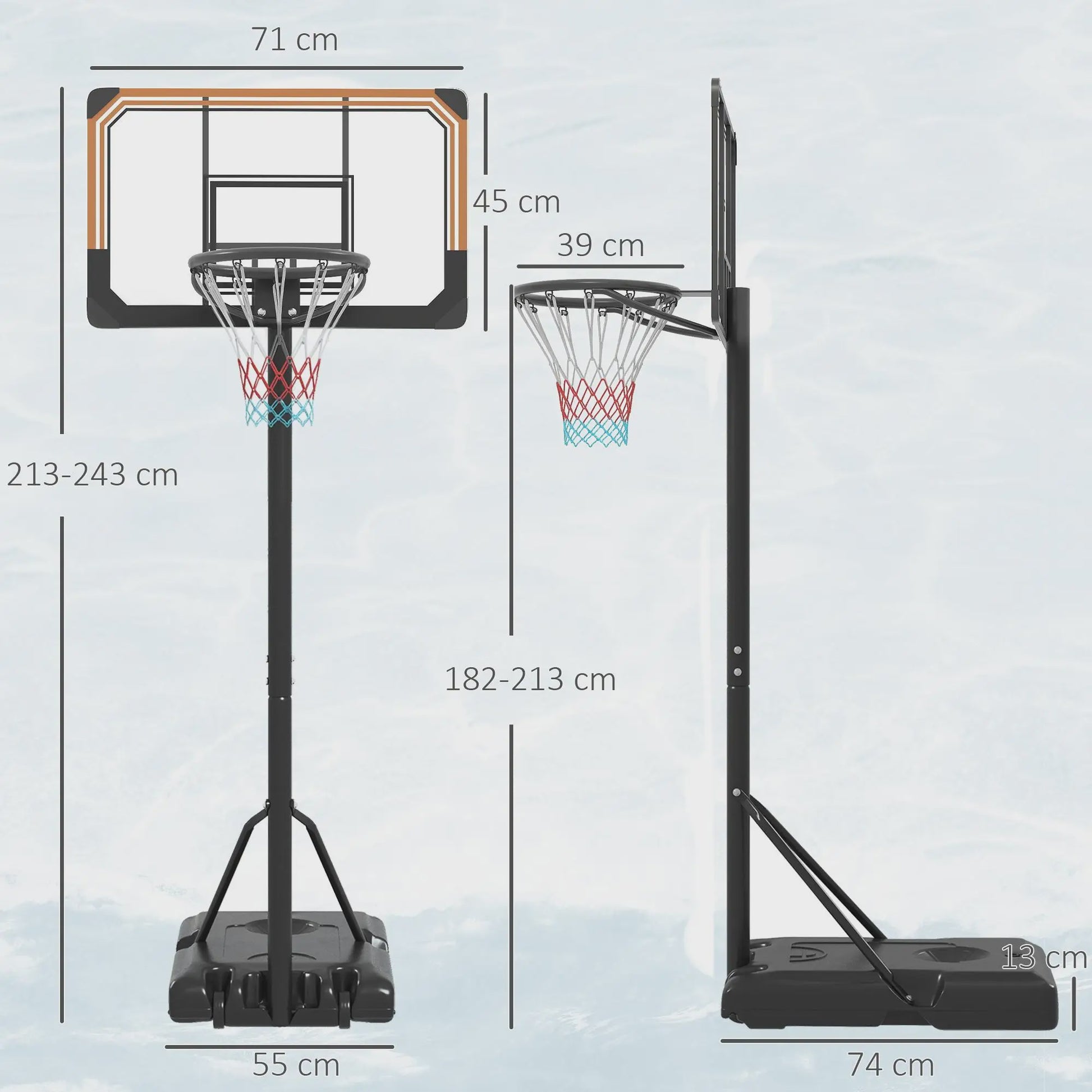 Verstelbare Basketbalpaal met Wielen - Zwart, 182-213 cm Hoogte