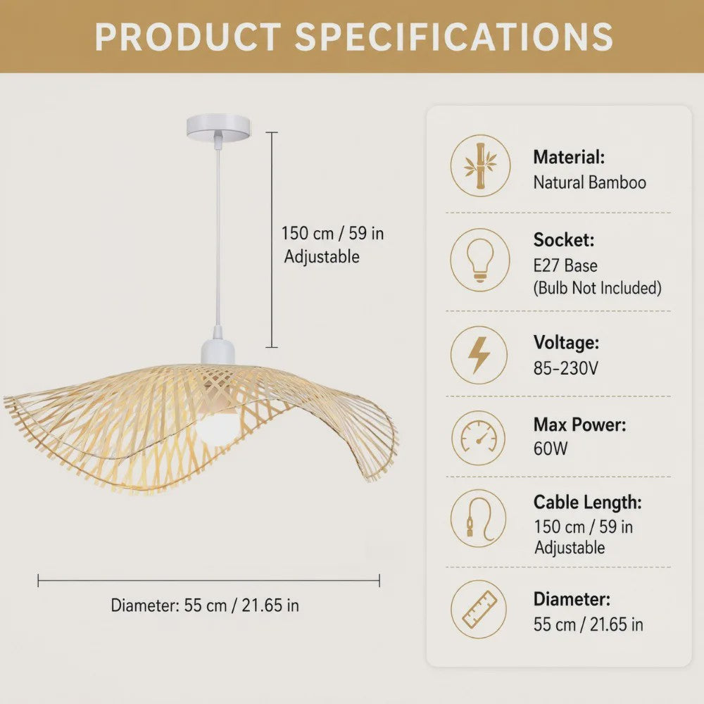 Handgemaakte Bamboe Plafondlamp - Natuurlijk Rotan Hanglamp met E27 Fitting