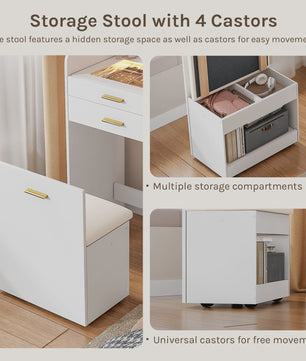 WOLTU Kaptafel met LED Spiegel, Verrijdbare Opbergkruk & Glazen Blad - 3-in-1 Make-up Tafel
