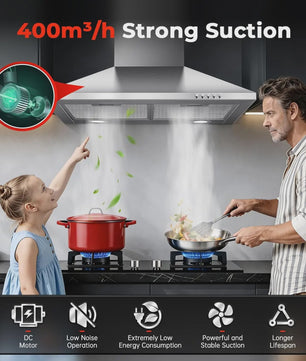 60cm RVS Schouw Afzuigkap - 400m³/u - A+++ Energiezuinig - Wandmontage