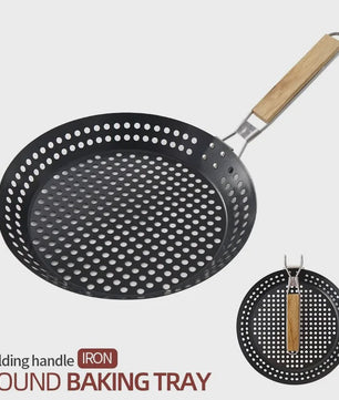 Ronde BBQ Grill Pan met Houten Handvat - Draagbaar & Duurzaam voor Buiten