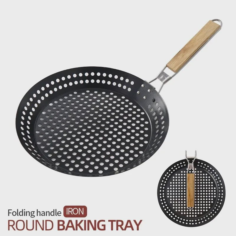 Ronde BBQ Grill Pan met Houten Handvat - Draagbaar & Duurzaam voor Buiten