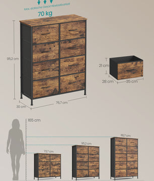 SONGMICS Ladekast met 8 Lades - Stijlvolle Opbergkast in Vintage Hout-Look en Staal