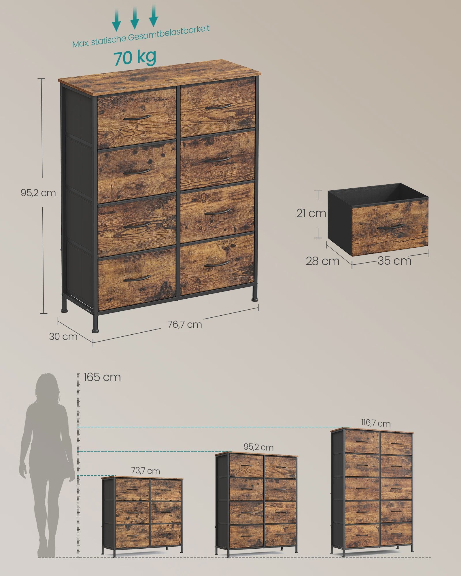 SONGMICS Ladekast met 8 Lades - Stijlvolle Opbergkast in Vintage Hout-Look en Staal