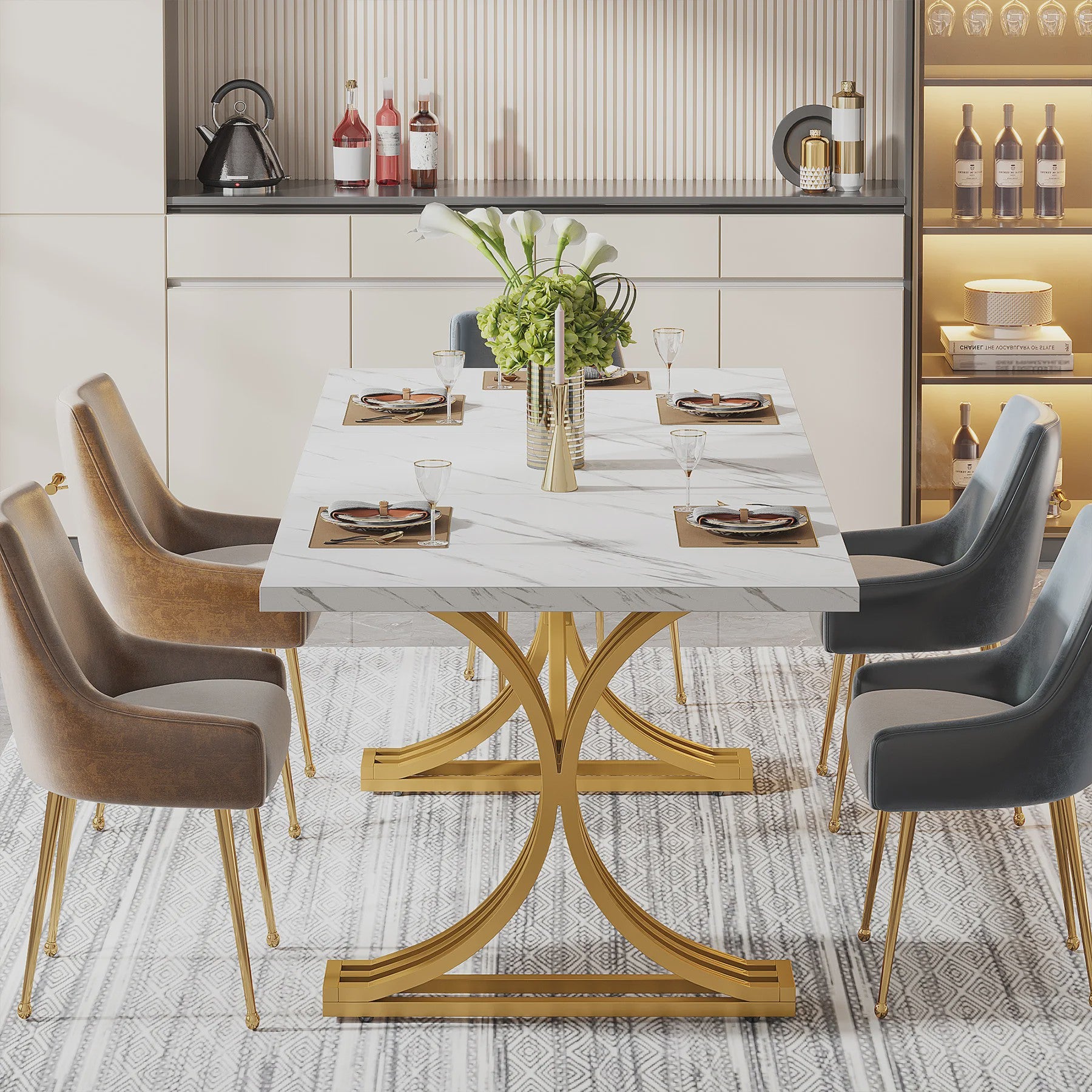 Moderne Marmerlook Eettafel voor 4-6 Personen - Stijlvol Wit Design (160cm)