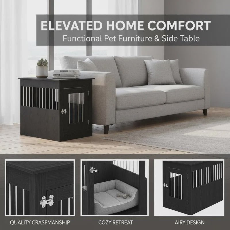 Hondenbench Meubel Zwart Eikenhout - Stijlvolle Hondenkennel & Bijzettafel voor Kleine tot Middelgrote Honden (55x80x68 cm)