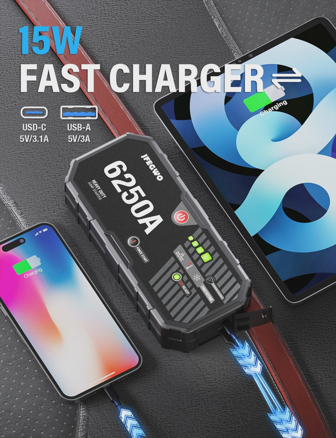 AdoreTrip 6250A Auto Startkabels & Powerbank - 12V Accu Booster voor Auto's en SUV's