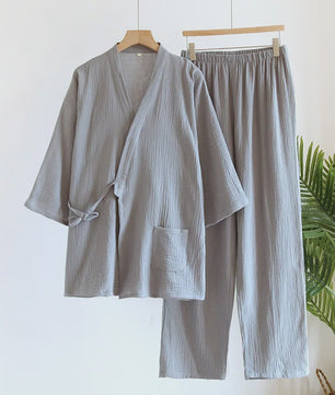 Luxe Katoenen Kimono Pyjama Set Heren - 2 Delig met Lange Broek en Zakken