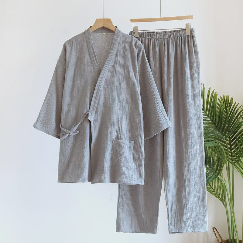 Luxe Katoenen Kimono Pyjama Set Heren - 2 Delig met Lange Broek en Zakken