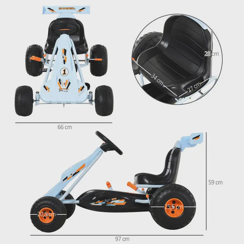Traptractor Go-Kart Lichtblauw met Handrem en Verstelbare Zitting - Vanaf 3 Jaar