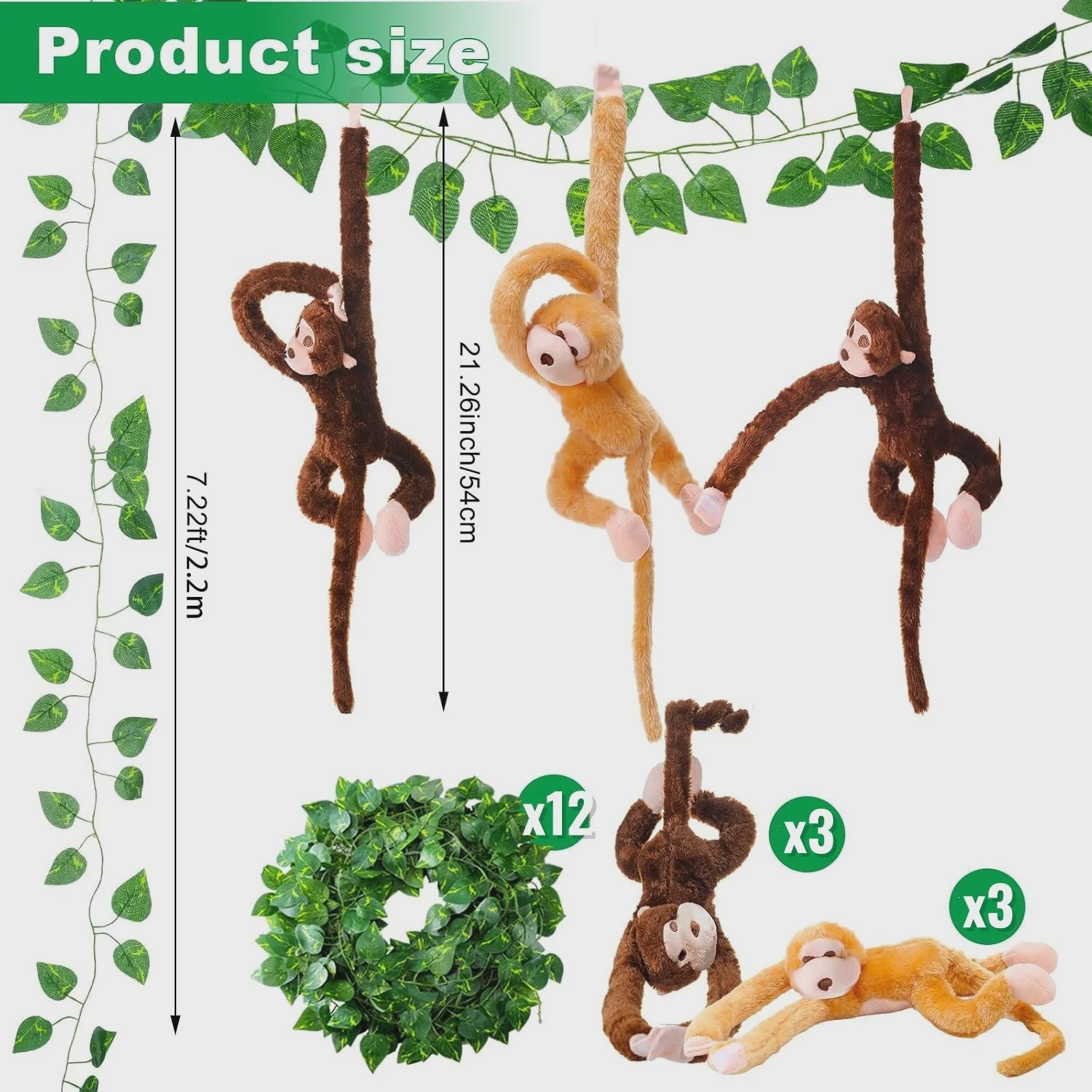 6 Stuks Hangende Pluche Apen met Kunstranken - Jungle & Safari Decoratie
