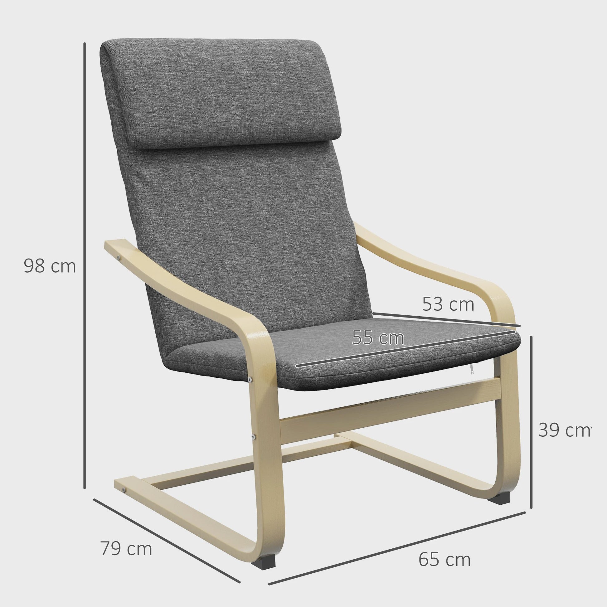 HOMCOM Living Room Armchair with cushion and Incurvated Armrests, Living Room fabric chair for bedroom, 65x79x98 cm, Grey