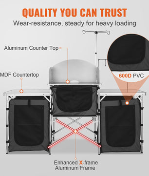 Opvouwbare Camping Keukentafel met Opbergkastjes en Windscherm - Aluminium