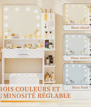 Kaptafel met Verlichte Spiegel, Lades, Haken en Kruk - Ideaal voor Kleine Appartementen
