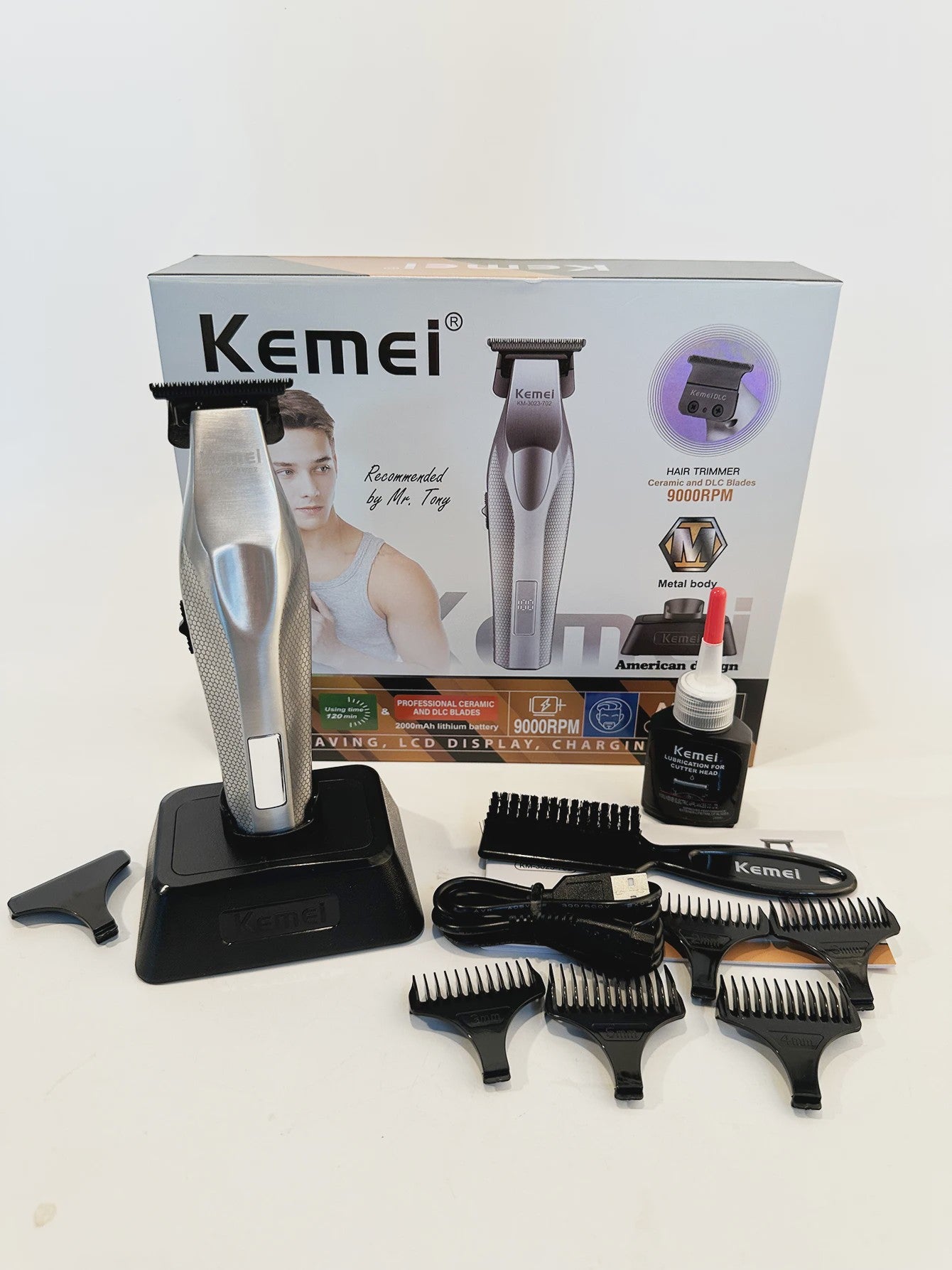 Kemei KM-3023-702 Professionele Draadloze Trimmer - 0MM Precisie, Krachtige 9000RPM Motor, LCD Display