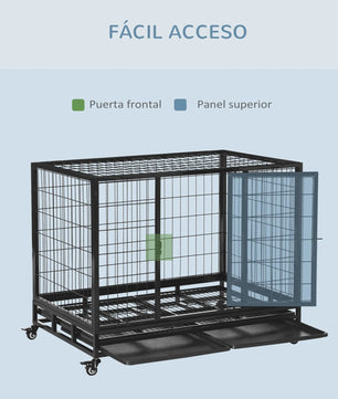 PawHut Metalen Hondenkennel met Wielen en Uitneembare Lade - 92x62x75cm