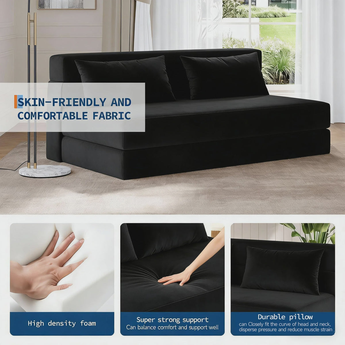 Garvee 4-in-1 Opvouwbare Futon Sofa Bed: Multifunctionele Slaapbank met Memory Foam Matras & Kussen