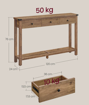 Landelijke Console Tafel met 3 Lades en Opbergruimte - Smalle Halmeubel