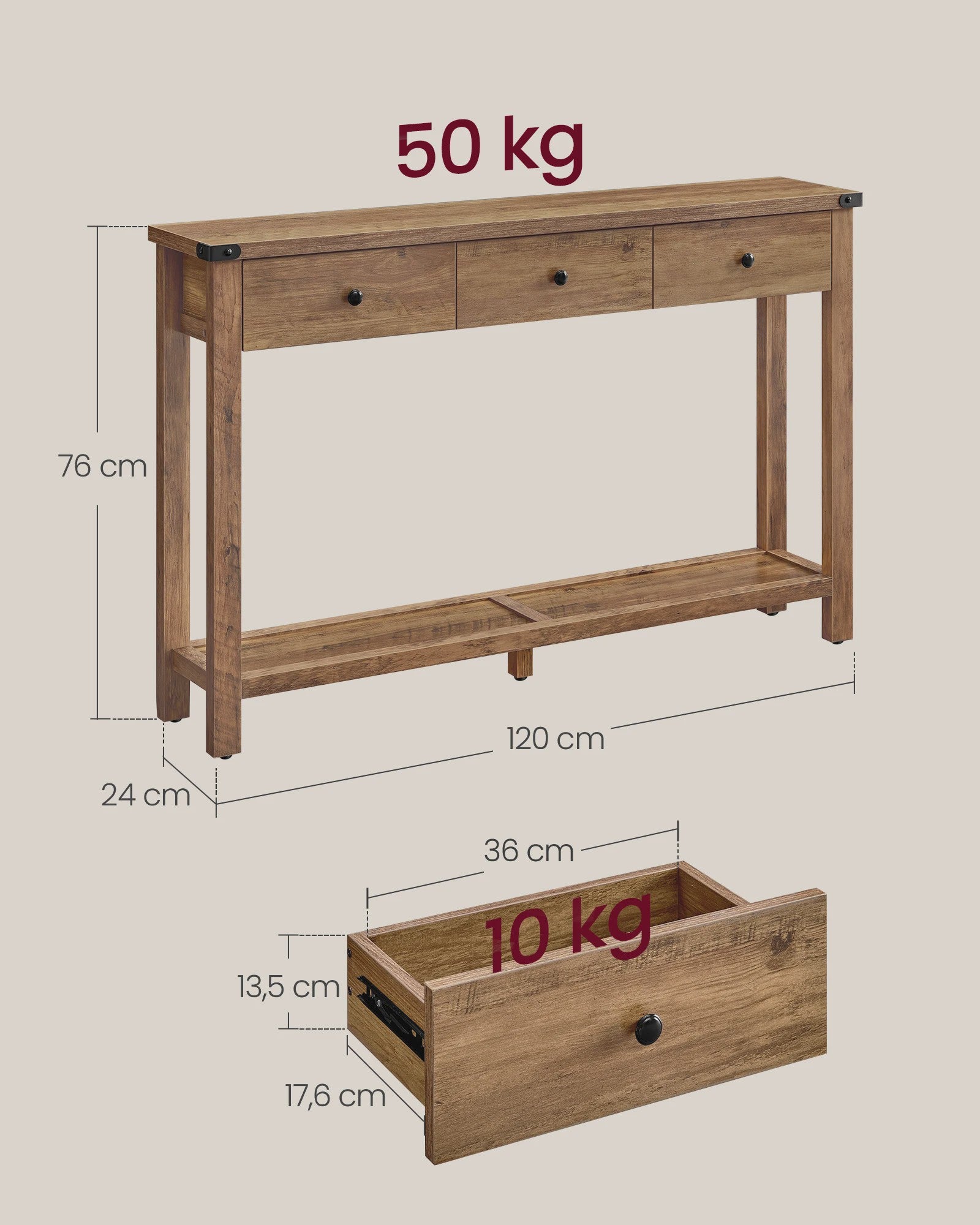 Landelijke Console Tafel met 3 Lades en Opbergruimte - Smalle Halmeubel