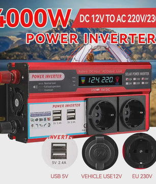 Krachtige 4000W/3000W Power Inverter: 12V DC naar 220V/230V AC met 4 USB & LED Display