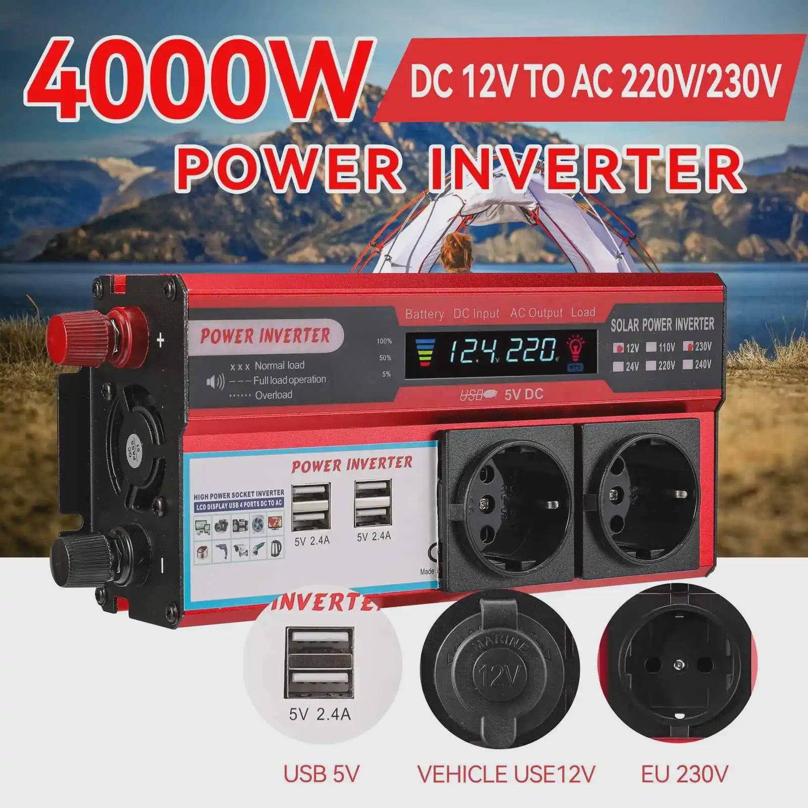 Krachtige 4000W/3000W Power Inverter: 12V DC naar 220V/230V AC met 4 USB & LED Display