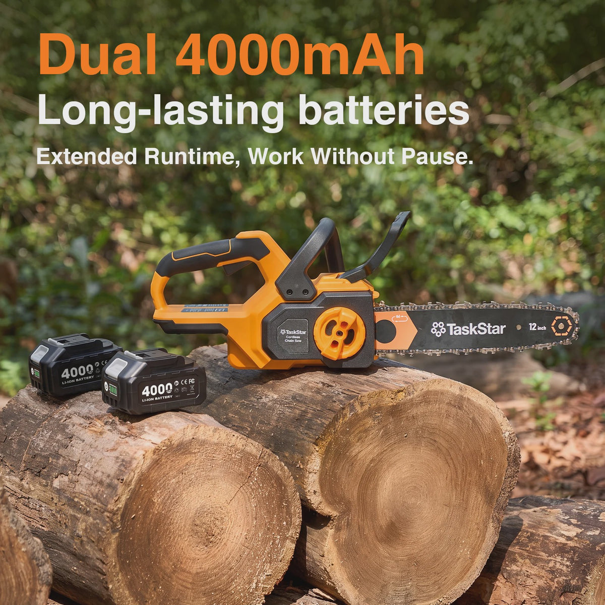 TaskStar 12-Inch Accu Kettingzaag - Krachtig, Borstelloos & Automatische Olie - Incl. 2x 4000mAh Batterijen