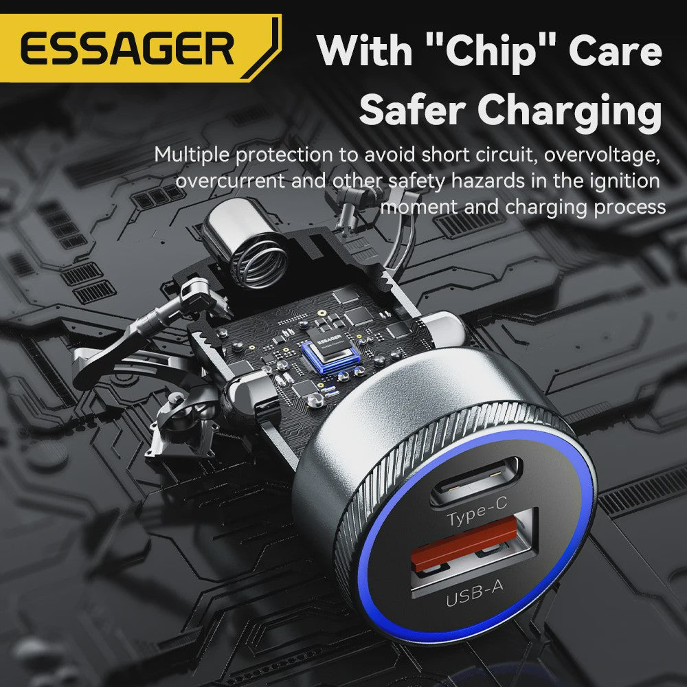 Essager 54W Snellader Auto | PD 3.0 & QC 3.0 | USB-C & USB-A | Snel Opladen Telefoon