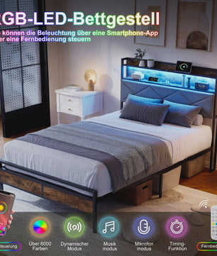 Modern Metalen Bed 90x200cm met LED Verlichting, Opbergkopstuk en USB-poorten