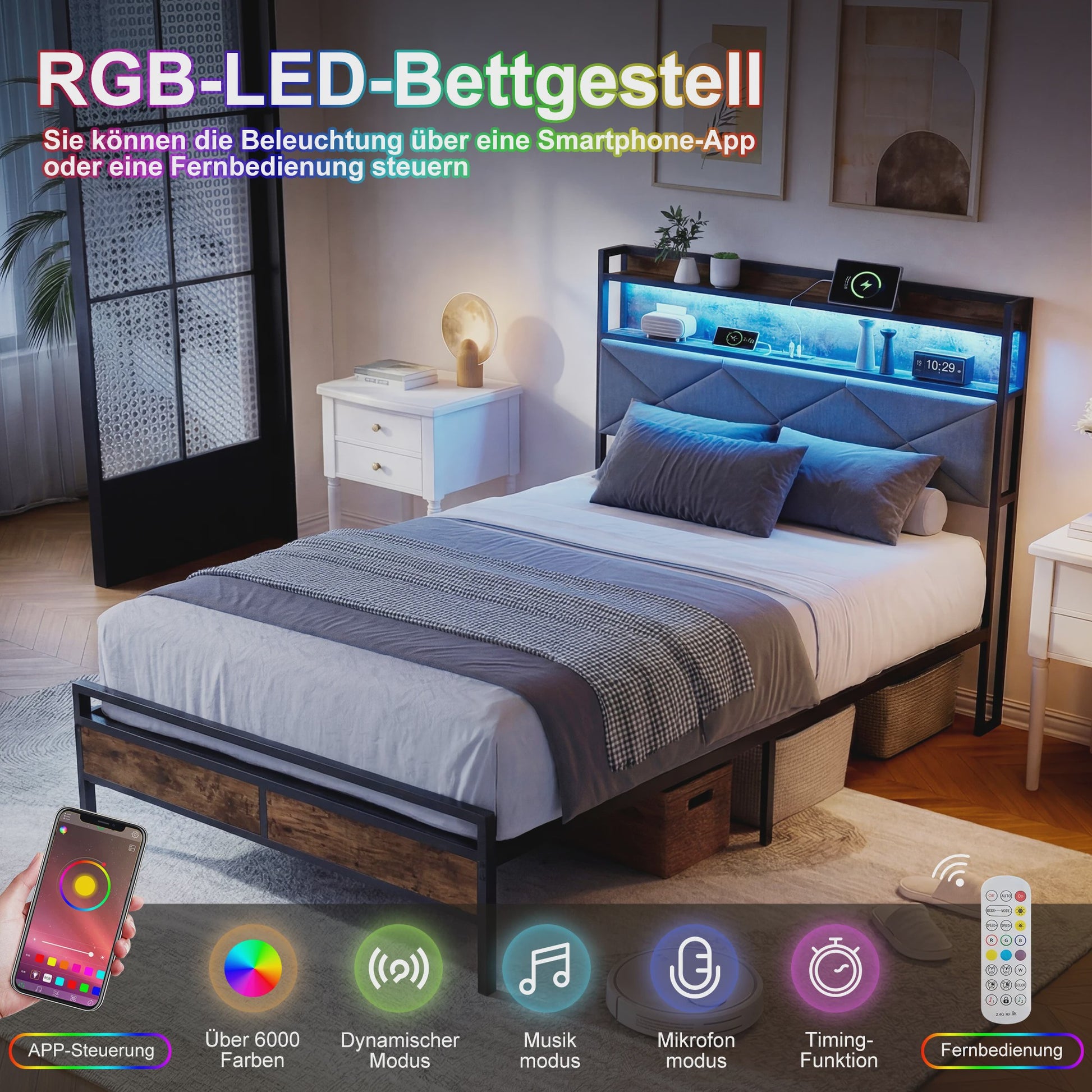 Modern Metalen Bed 90x200cm met LED Verlichting, Opbergkopstuk en USB-poorten