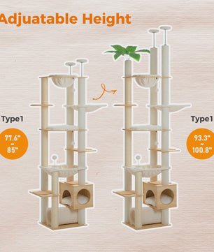 Verstelbare Kattenboom met Grote Hangmat, Krabpalen & Kattenhuis - Vloer tot Plafond