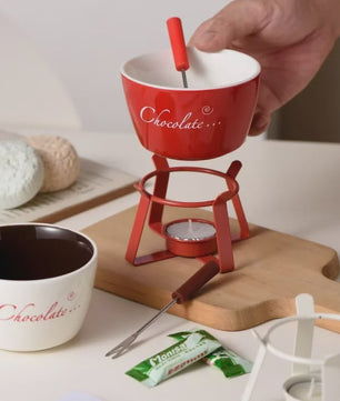 Keramische Chocolade Fondue Set - Smelt Chocolade, Kaas & IJs - Inclusief Vork - Perfect Valentijnscadeau
