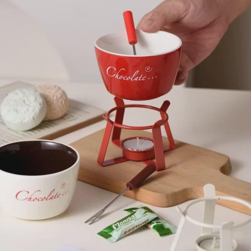 Keramische Chocolade Fondue Set - Smelt Chocolade, Kaas & IJs - Inclusief Vork - Perfect Valentijnscadeau