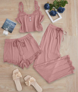 Dames 3-delige Pyjamaset met Kant - Zomer Vest, Shorts & Lange Broek