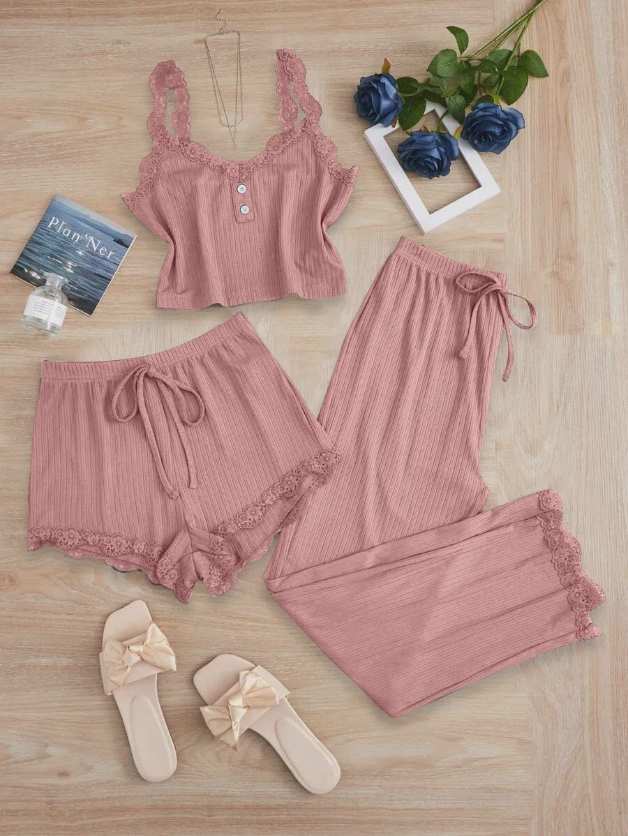 Dames 3-delige Pyjamaset met Kant - Zomer Vest, Shorts & Lange Broek