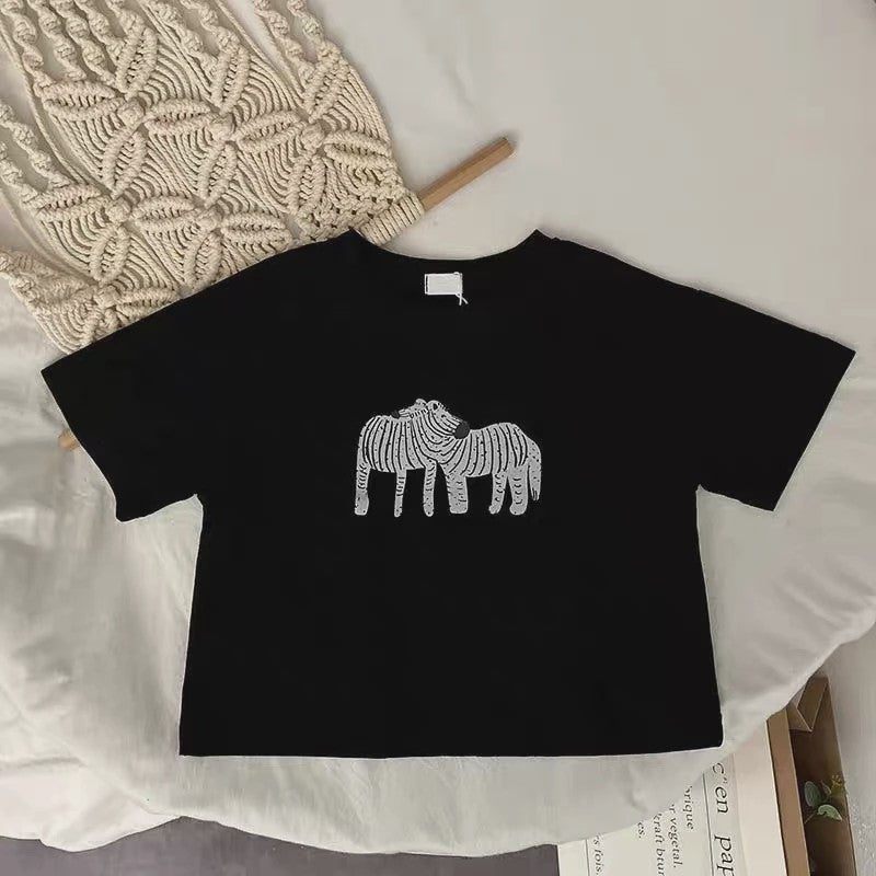 Trendy Kinder T-shirt met Dierenprint - Korte Mouw Zomer Kleding