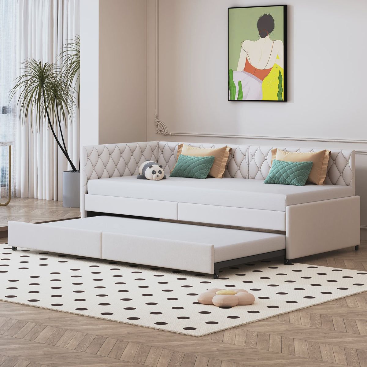 Gestoffeerd Daybed 90x200 cm met Uitschuifbaar Extra Bed - Sofa en Enkel Bed