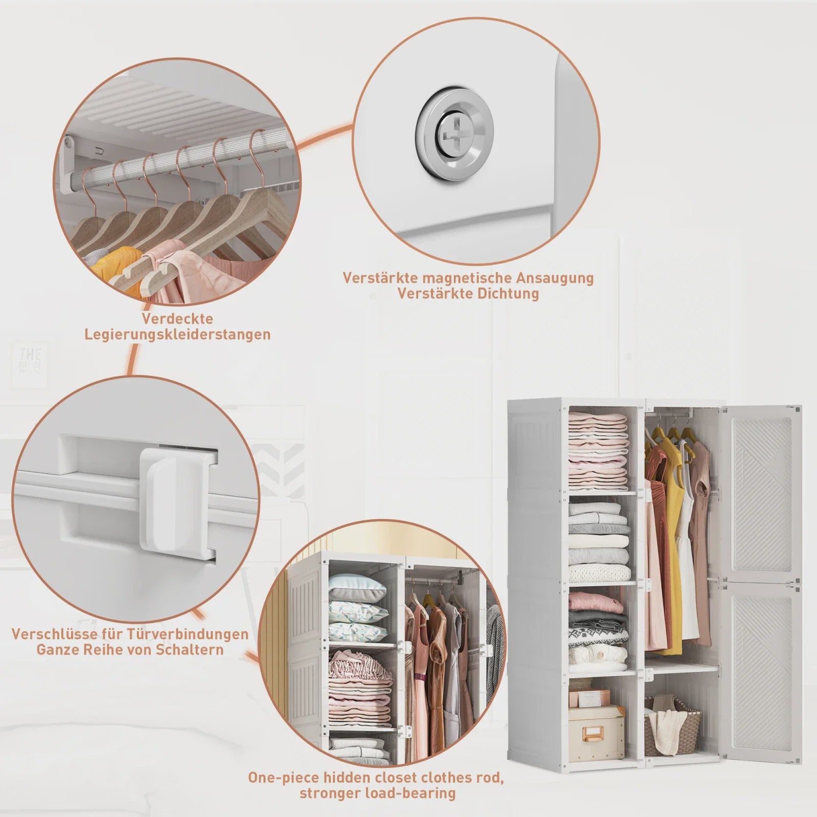 Draagbare Opvouwbare Garderobekast Organizer - Wit ABS Plastic Kledingkast met Deuren