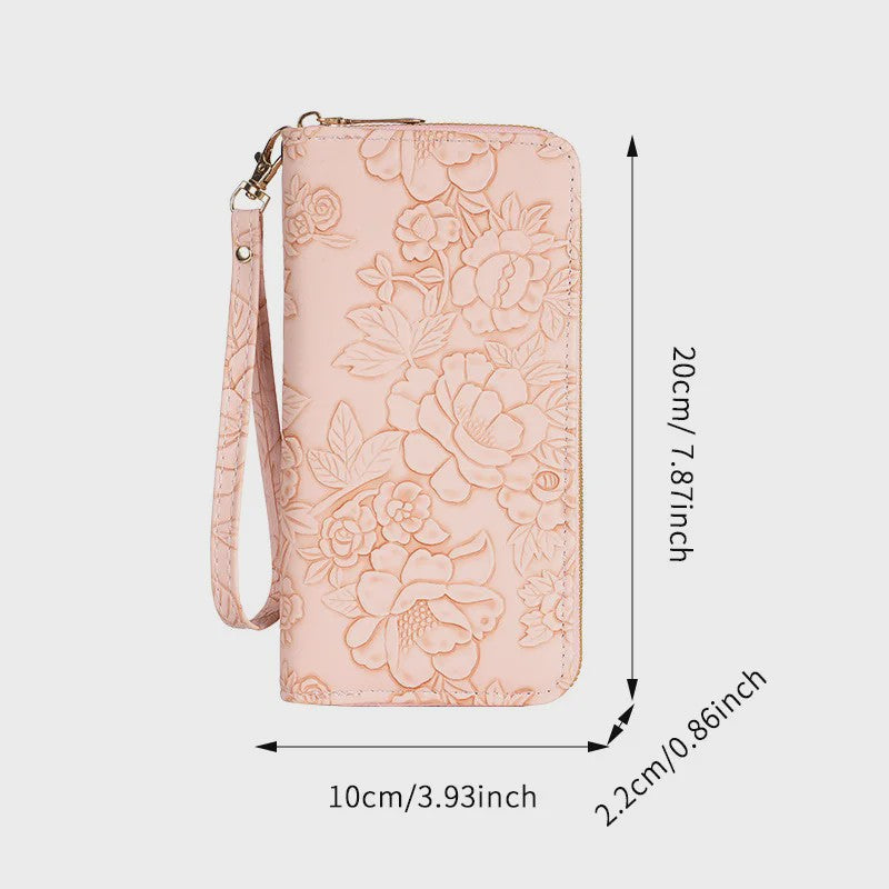 Lange Dames Portemonnee met Bloemenreliëf - Telefoonvak, Kaarthouder & Muntvak