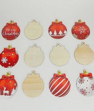 12x Houten Kerstballen Ornamenten Rood Wit - Feestelijke Winter Decoratie