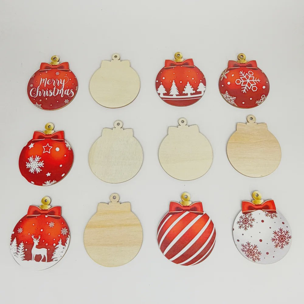 12x Houten Kerstballen Ornamenten Rood Wit - Feestelijke Winter Decoratie
