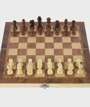 3-in-1 Houten Schaken, Dammen en Backgammon Spel - Draagbaar en Opvouwbaar