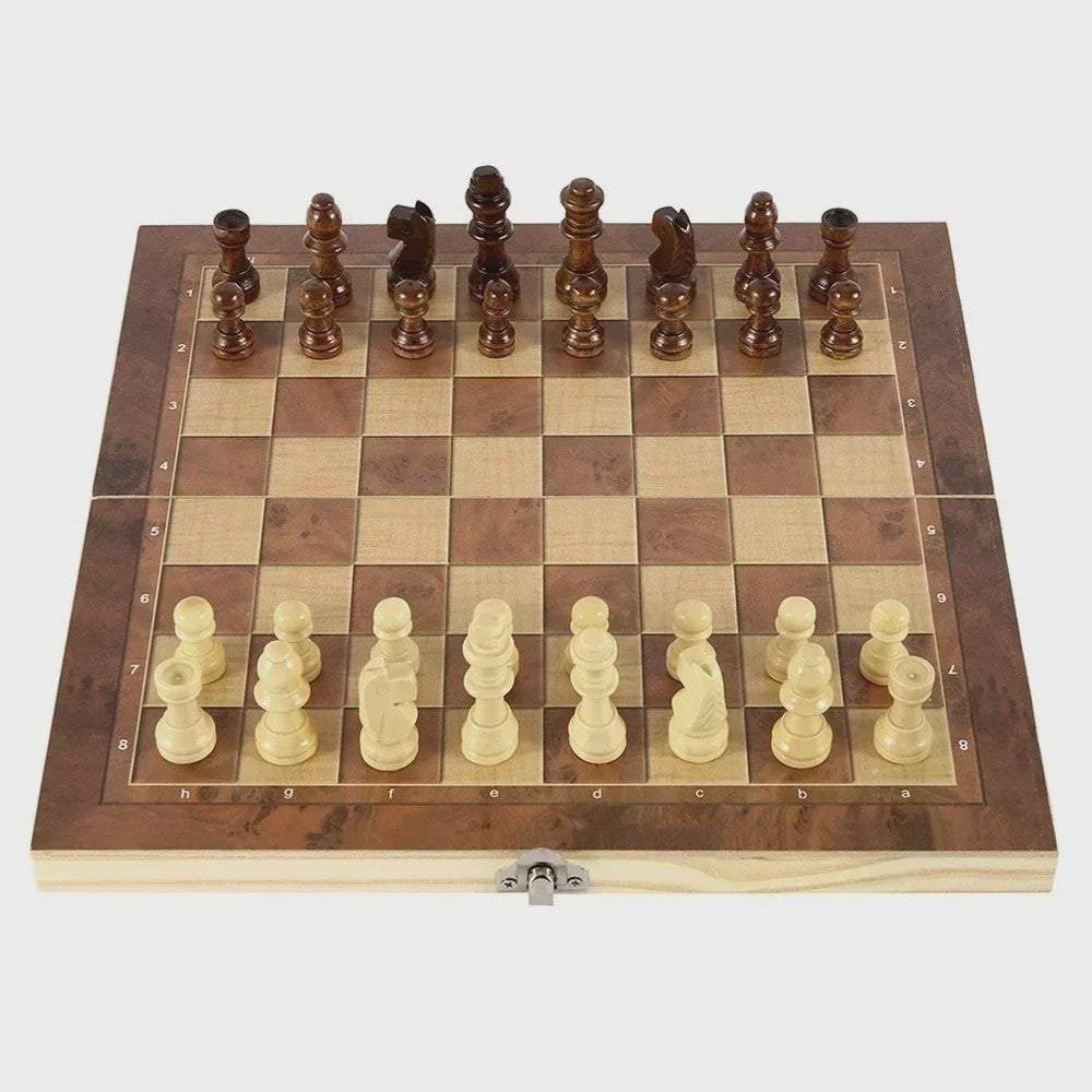 3-in-1 Houten Schaken, Dammen en Backgammon Spel - Draagbaar en Opvouwbaar