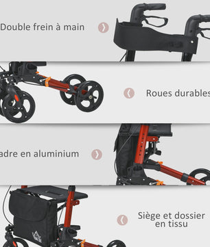 Opvouwbare Aluminium Rollator met 4 Wielen, Verstelbare Hoogte, Dubbele Remmen en Opbergtas - Rood
