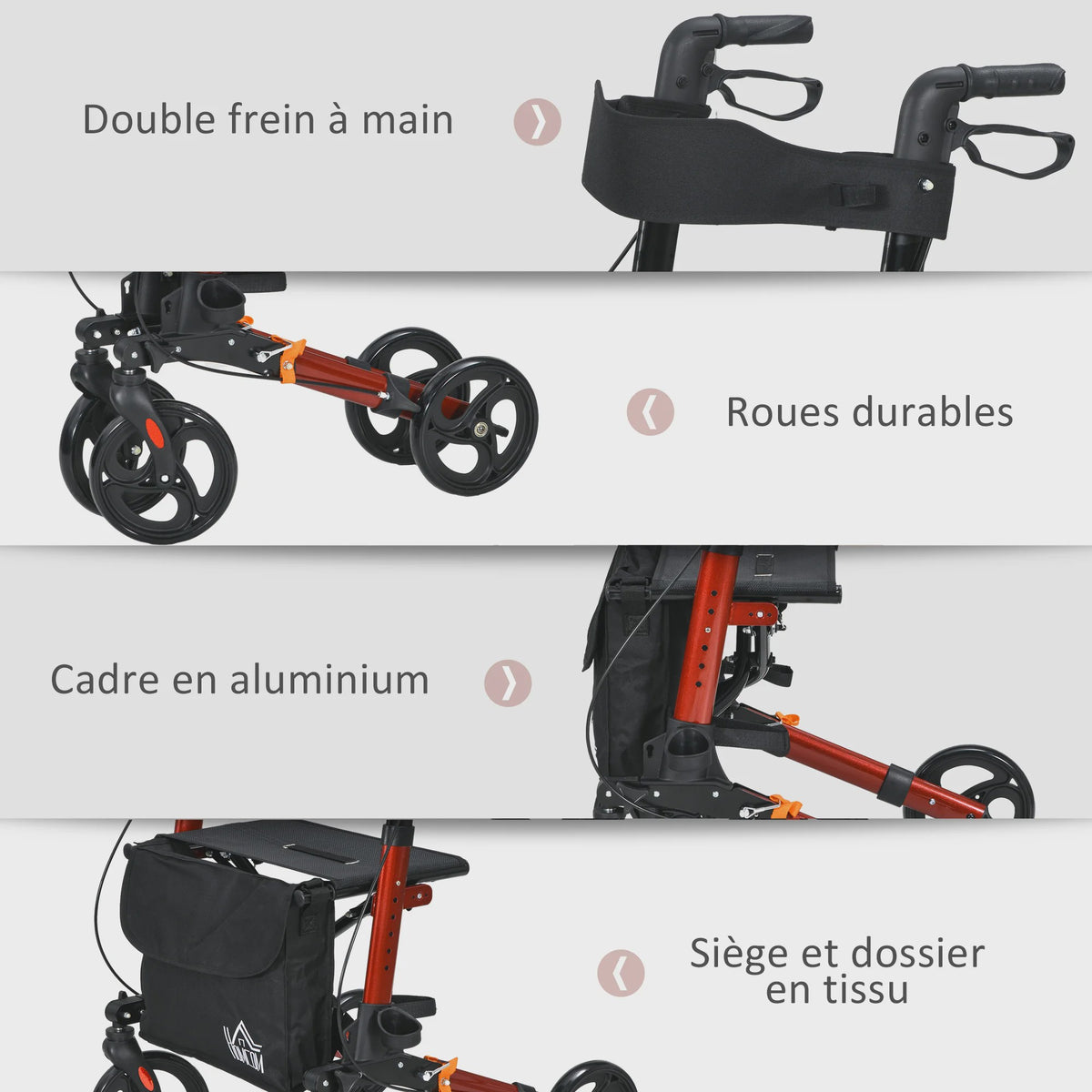 Opvouwbare Aluminium Rollator met 4 Wielen, Verstelbare Hoogte, Dubbele Remmen en Opbergtas - Rood