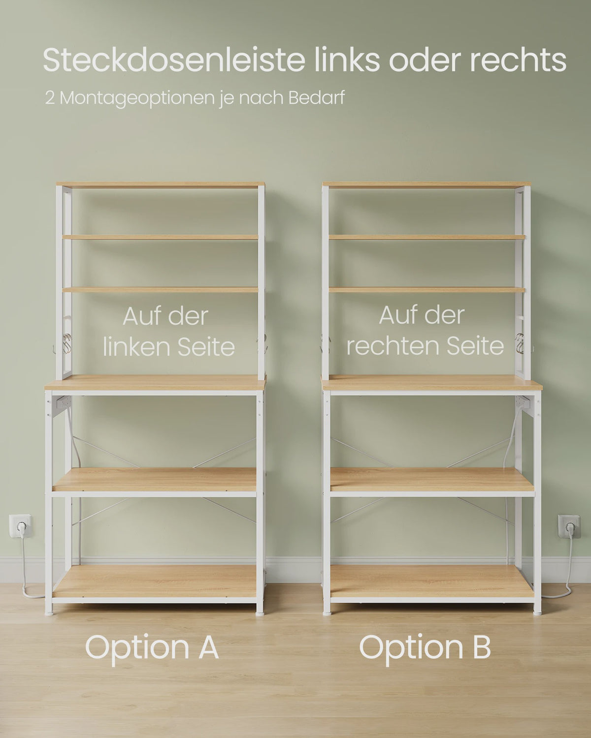 Keukenrek met Stopcontacten, 6 Haken en Metalen Frame - Ideaal voor Magnetron & Keukengerei (80x40x167 cm)