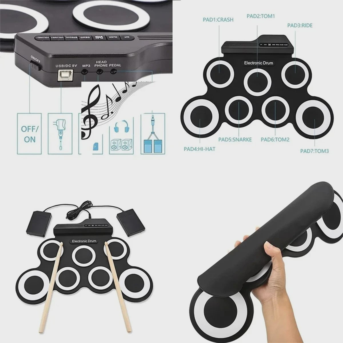 Compacte USB Roll-Up Elektronische Drumstel Set met 7 Pads, Drumstokken en Voetpedaal - Ideaal voor Beginners