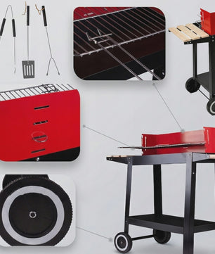 Mobiele Houtskool BBQ Grill met Wielen, Zijplanken en Accessoires - 40x40cm Grilloppervlak